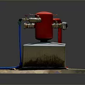 Red Industrial Valve Device On Gray Concrete Base With Red Pipes And Fittings