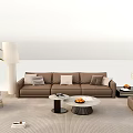 Modern Beige Sofa Coffee Table Set With Potted Palm Plants Floor Lamp And Gray Rug