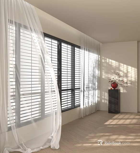 White Sheer Curtains With Sunlight Streaming Through Window In Modern Bright Room 3d model 
