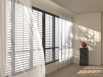 White Sheer Curtains With Sunlight Streaming Through Window In Modern Bright Room 3d model