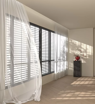 White Sheer Curtains With Sunlight Streaming Through Window In Modern Bright Room 3d model