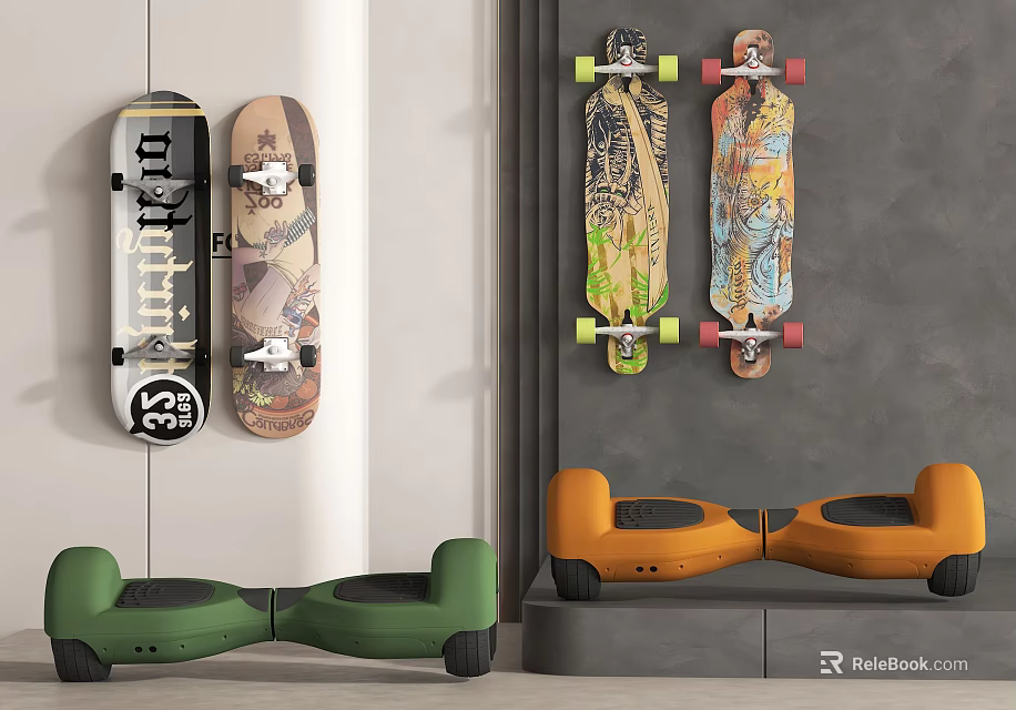 Colorful Graphic Skateboards and Green Orange Hoverboards as Sports Equipment Displayed 3d model 