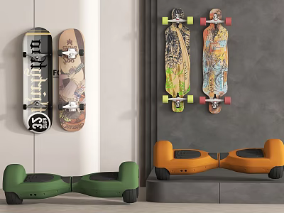 Colorful Graphic Skateboards and Green Orange Hoverboards as Sports Equipment Displayed 3d model