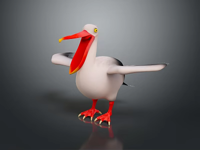 Cute White Pelican Bird With Red Beak Yellow Tip Red Feet And Spread Open Wings 3d model
