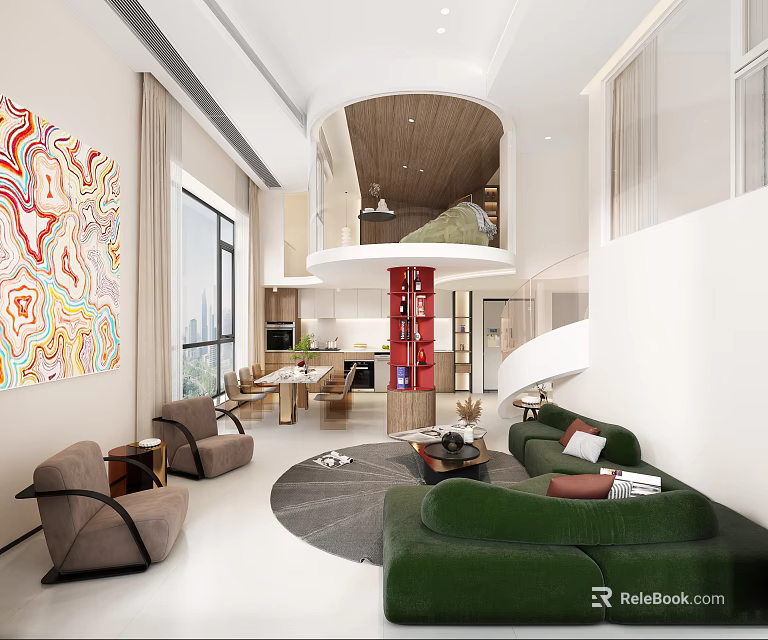 Modern Apartment Interior With Open Layout Green Sofa Brown Armchairs Abstract Art And Large Windows 3d model 