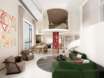 Modern Apartment Interior With Open Layout Green Sofa Brown Armchairs Abstract Art And Large Windows 3d model