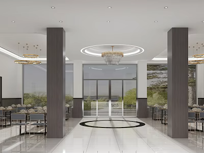 Elegant Modern Restaurant Interior Design With Crystal Chandelier Columns Dining Tables And Large Windows 3d model