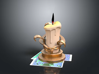 Elegant Golden Candle Holder With Decorative Metal Rings And White Candle On Colorful Cards 3d model