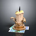 Elegant Golden Candle Holder With Decorative Metal Rings And White Candle On Colorful Cards