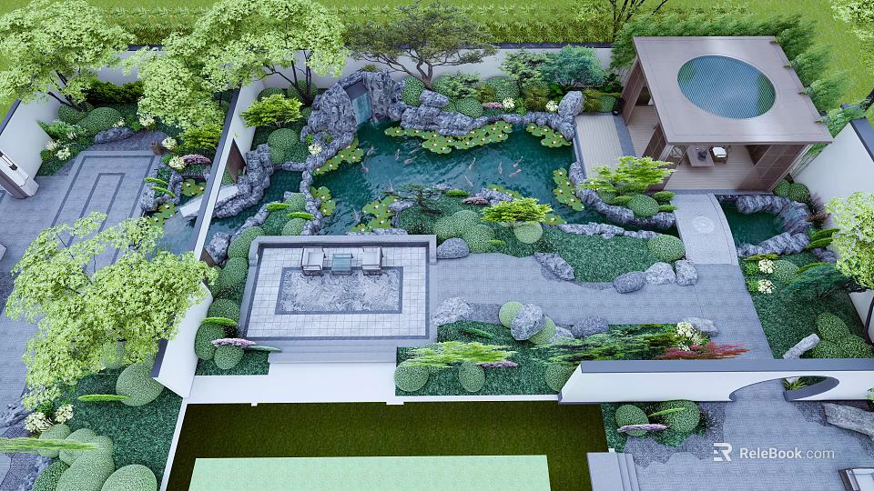 Serene Courtyard Garden Design With Pond Lush Plants Rocks And Seating Area 3d model 