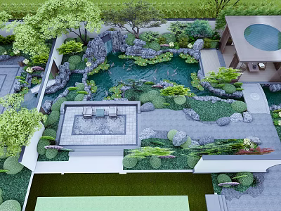 Serene Courtyard Garden Design With Pond Lush Plants Rocks And Seating Area 3d model