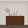 Stylish Brown Ribbed Entryway Console Table With Decorative Wall Wooden Floor And Ornaments