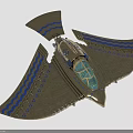 Futuristic Cosmic Spacecraft Featuring Gold Blue Wave Striped Wings And Transparent Windows