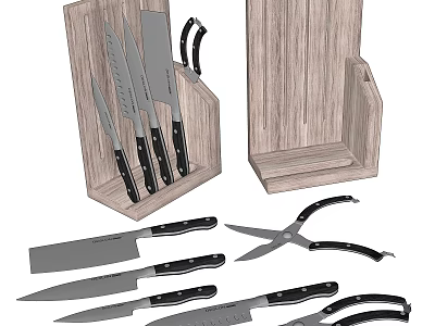 Wooden Knife Block Holding Various Kitchen Knives And Scissors For Storage 3d model