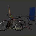 Outdoor Relaxation Setup With Bicycle Blue Chair Tree Stump Table Potted Plant And Garden Tool