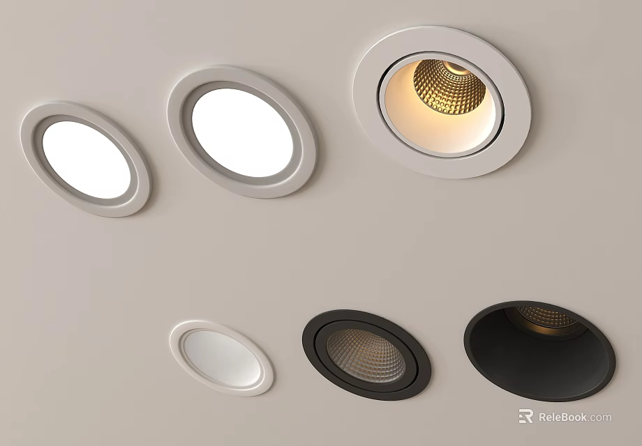 Contemporary Ceiling Downlights And Spotlights In White Black With Illuminated Interior Design 3d model 