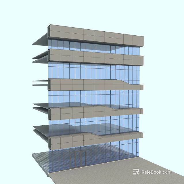 Modern Multi Storey Building Facade With Glass Curtain Walls And Horizontal Projecting Elements 3d model 