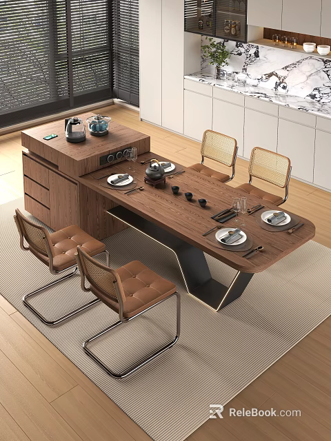 Modern Restaurant Interior With Wooden Dining Table Leather Chairs And Tableware Setup 3d model 
