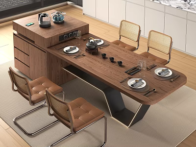 Modern Restaurant Interior With Wooden Dining Table Leather Chairs And Tableware Setup 3d model
