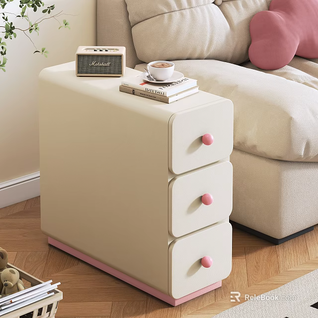 Beige Storage Cabinet With Three Drawers Pink Handles And Radio Book Coffee Cup On Top 3d model 