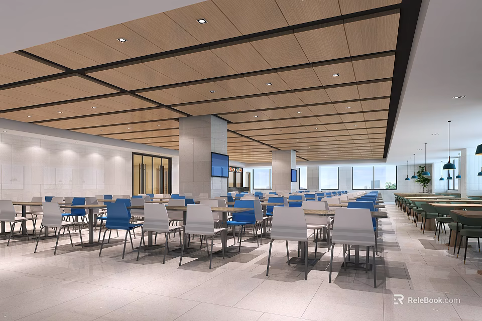 Spacious Dining Hall Interior With Wooden Ceiling Tables Chairs And Large Windows 3d model