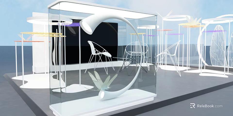 Modern Exhibition Booth With Transparent Glass White Curved Lamp And White Chairs 3d model 