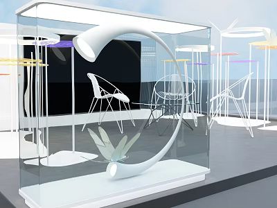 Modern Exhibition Booth With Transparent Glass White Curved Lamp And White Chairs 3d model