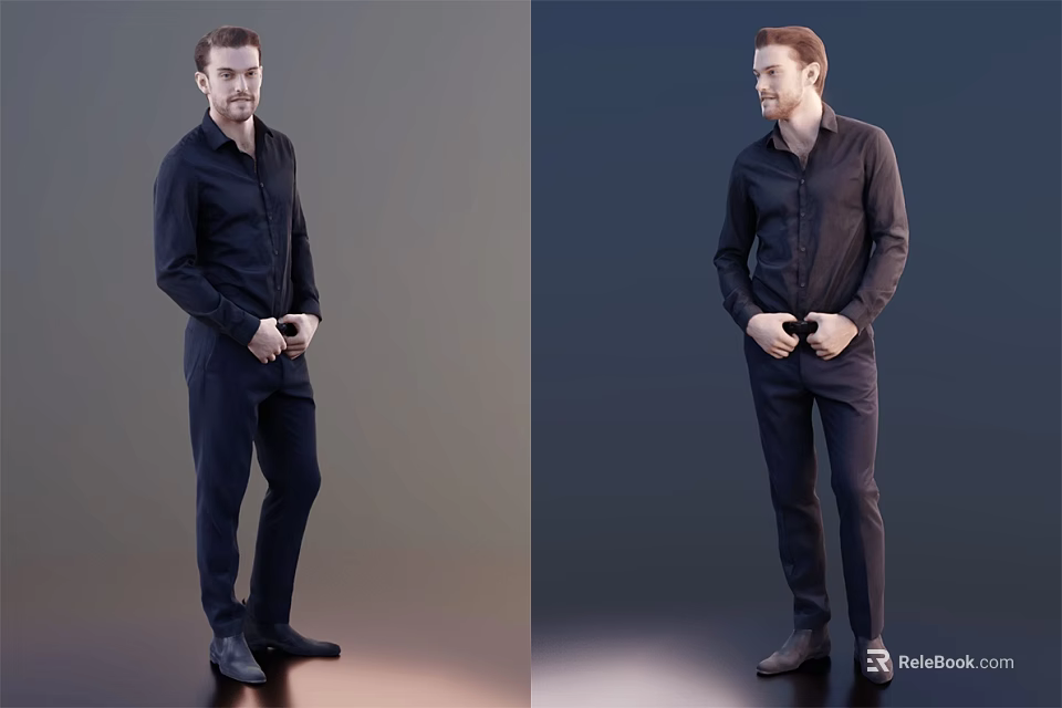 Elegant Man in Dark Shirt and Pants Standing with Hands at Waist 3d model 
