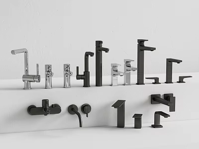 Silver And Black Faucets With Various Designs On White Background Shelves 3d model
