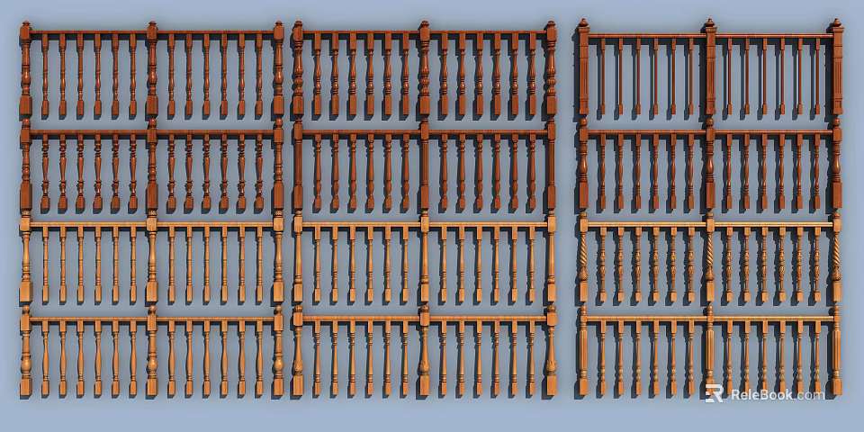 Brown Wooden Railings With Various Designs And Different Baluster Styles On Light Blue Background 3d model 