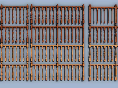 Brown Wooden Railings With Various Designs And Different Baluster Styles On Light Blue Background 3d model