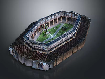 Ancient Circular Building With Colonnaded Courtyard Green Area And Tile Roof 3d model