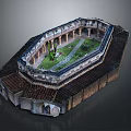 Ancient Circular Building With Colonnaded Courtyard Green Area And Tile Roof