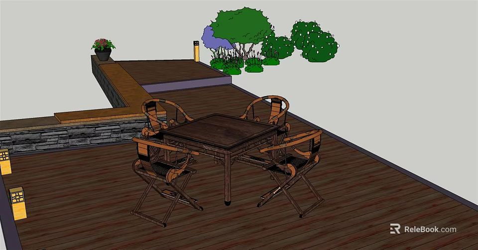 Outdoor Wooden Deck Garden Table And Chairs Set With Green Plants 3d model 