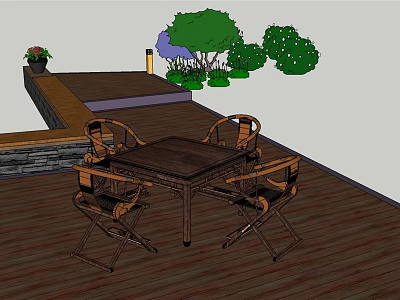 Outdoor Wooden Deck Garden Table And Chairs Set With Green Plants 3d model