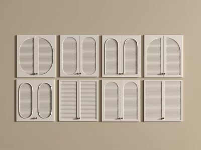 White Decorative Shutter Panels with Various Designs Arranged on Beige Wall 3d model