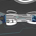 VR Exhibition Hall With People Using VR Headsets Circular Podiums And Futuristic Circular Lights