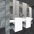 Modern Bathroom With Sleek Faucet On White Double Vanity And Marble Walls And City View