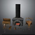 Rustic Wooden Furniture Set With Stone Fireplace Bench Table Chair And Basket