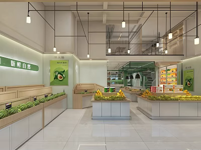 Bright Fruit Store Interior With Fresh Banana Watermelon And Organized Display Shelves 3d model
