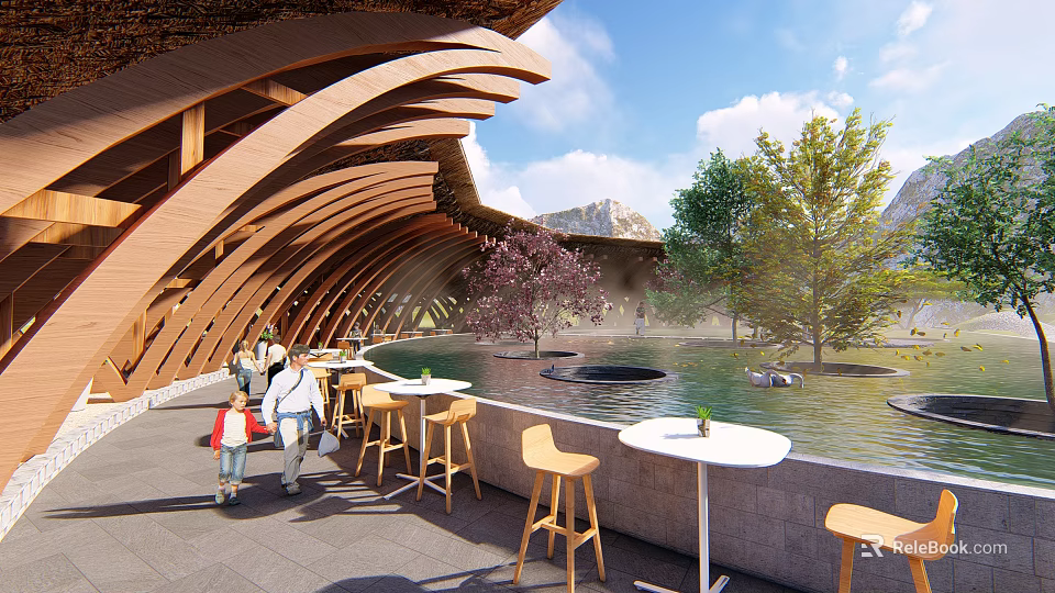 Waterfront Landscape With Curved Wooden Structure Outdoor Seating And People Relaxing By Water Pond 3d model 