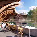 Waterfront Landscape With Curved Wooden Structure Outdoor Seating And People Relaxing By Water Pond