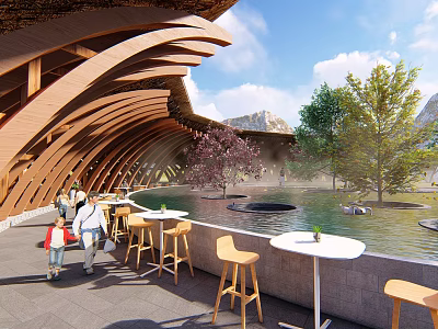 Waterfront Landscape With Curved Wooden Structure Outdoor Seating And People Relaxing By Water Pond 3d model