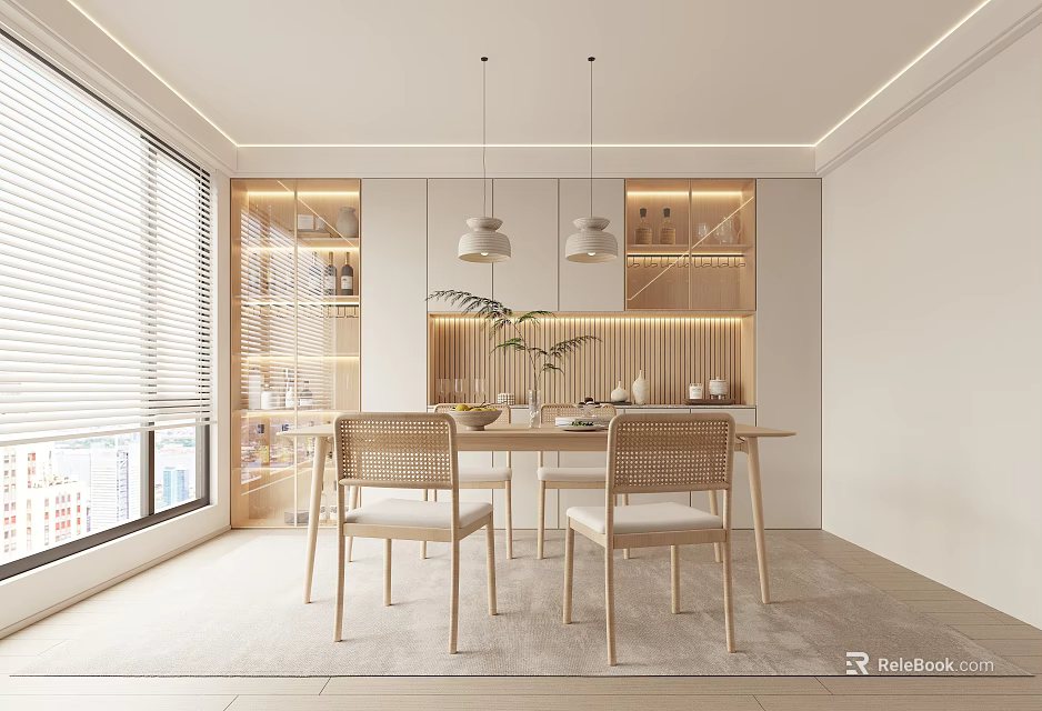 Modern Restaurant Open Concept Interior With Dining Table Chairs And Pendant Lights 3d model