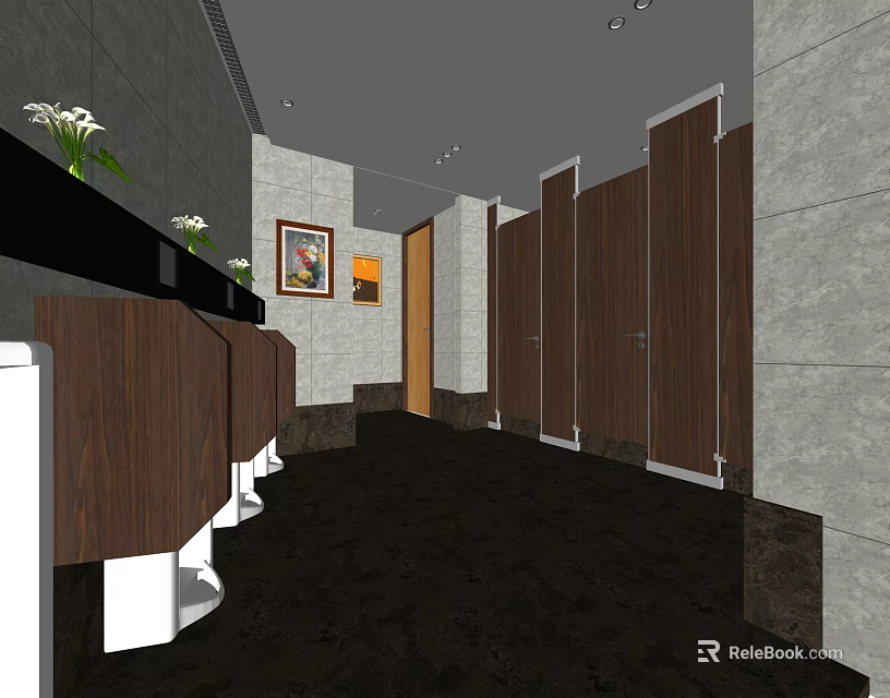 Public Restroom Interior with Wooden Stall Doors Sinks Gray Walls and White Flowers 3d model 