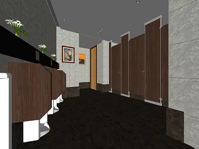 Public Restroom Interior with Wooden Stall Doors Sinks Gray Walls and White Flowers 3d model