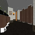 Public Restroom Interior with Wooden Stall Doors Sinks Gray Walls and White Flowers