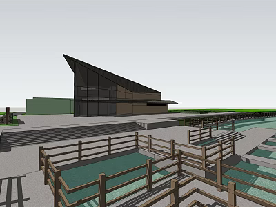 Modern Tourist Center With Sloped Roof Glass Curtain Walls And Wooden Railings Platforms 3d model