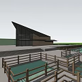 Modern Tourist Center With Sloped Roof Glass Curtain Walls And Wooden Railings Platforms