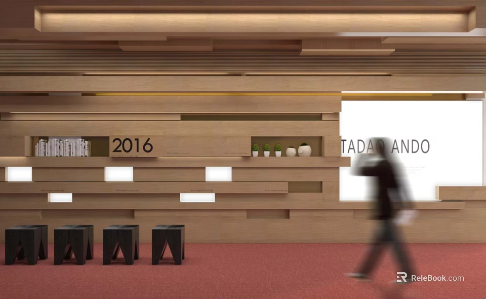 Public Office Space Interior With Wooden Walls Red Carpet Black Stools Plants And 2016 3d model 